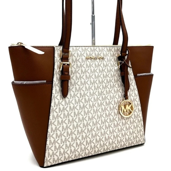 Michael Kors Large Charlotte Tote Bag Luggage Leather Vanilla (NWT) - Picture 1 of 12